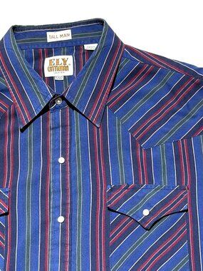 Ely Cattleman Mens Shirt XXL/T Blue/ Multi Stripes Pearl Snap Western Wear